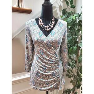 Dana Buchman Women Multicolor Rayon V-Neck Long Sleeve Button Down Shirt Medium